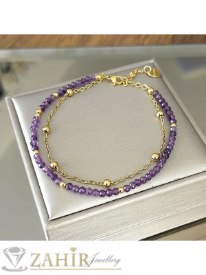 Мега яка гривна за ръка или глезен от естествен аметист 3 мм и стоманена верижка с топчета, стоманени накрайници - GA3208 - GA3209